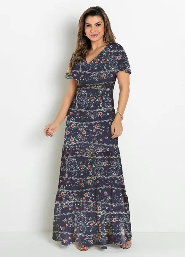 Vestido Camadas Floral Marinho Moda Evangélica