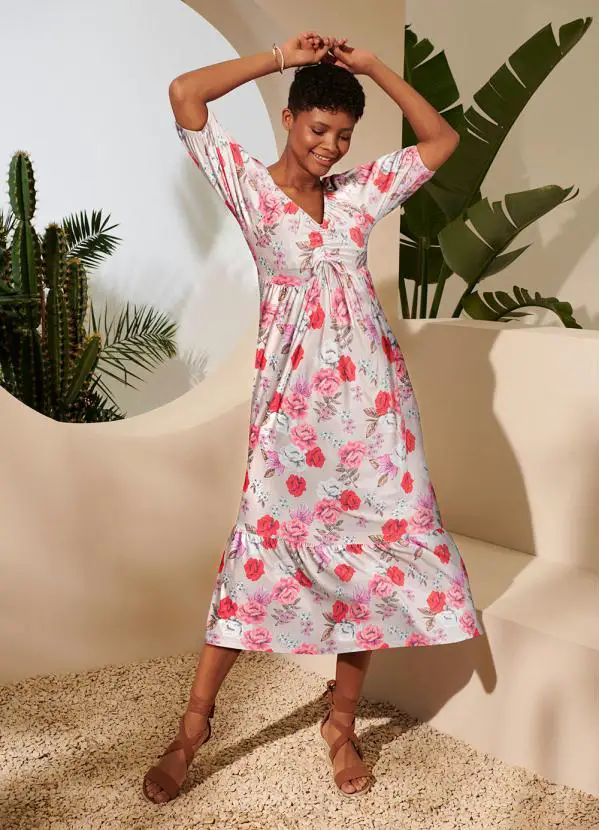 Vestido com Amarração Longuete Floral Bege