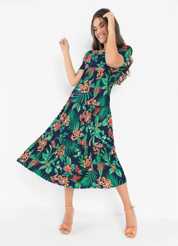 Vestido Floral Marinho com Recorte em Camadas