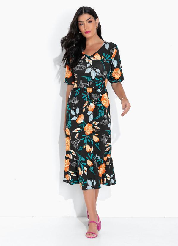 Vestido Longuete Camadas Floral Dark