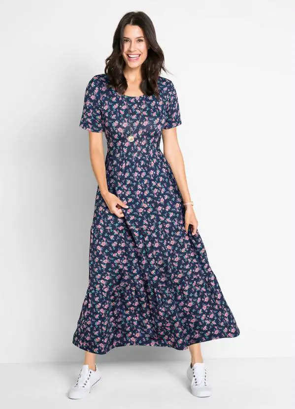 Vestido Longuete em Camadas Floral Marinho