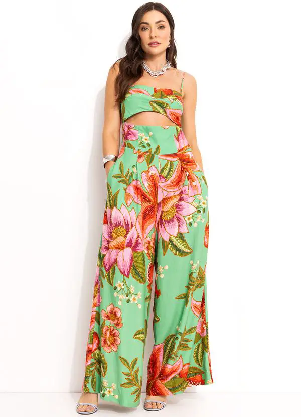 MacacĂŁo de Linho Feminino 4 MacacĂŁo Pantalona Verde em Viscolinho