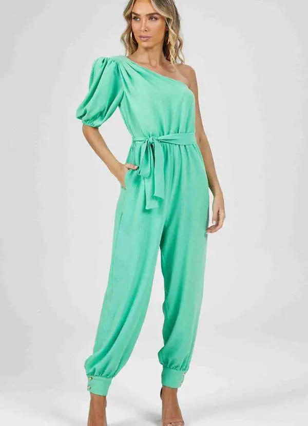 Macacão para Casamento Fúcsia 5 Macacão para Casamento Longo Verde Um Ombro Só