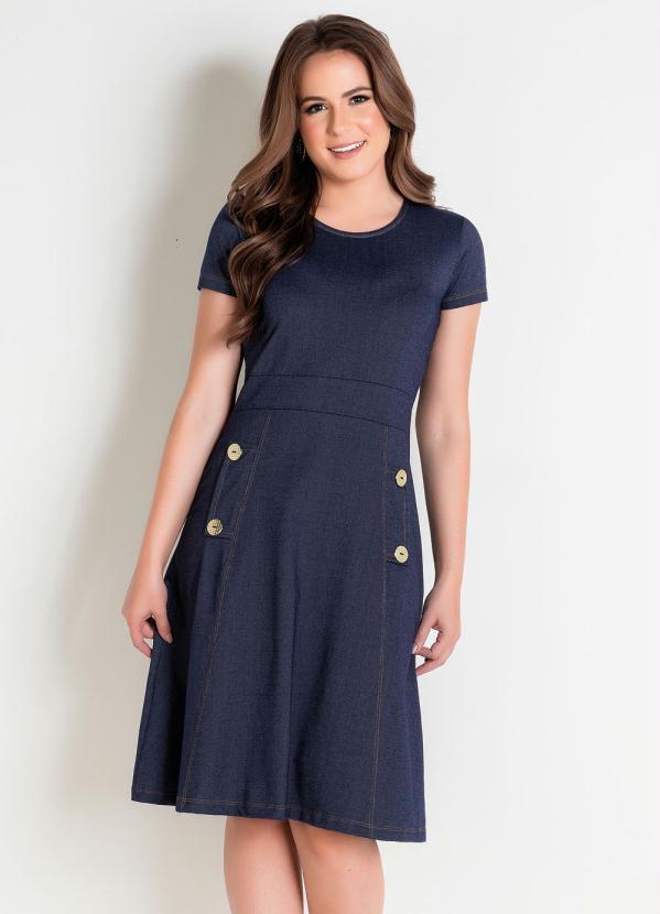 Vestido Evasê Azul Moda Evangélica com Botões