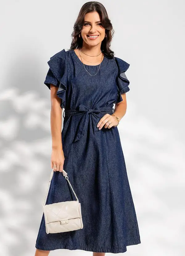 Vestido Jeans Azul Escuro em Jeans Leve