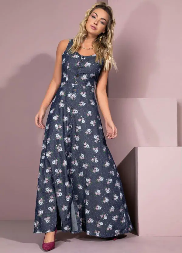 Vestido Jeans Longo 10 Vestido Longo Jeans Floral com Botões