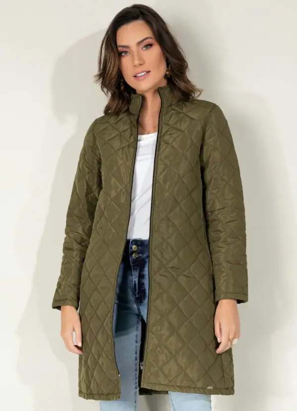 Jaqueta Puff Verde Alongada com Bolsos