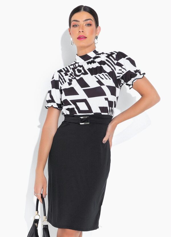 Vestido Gola Alta Bicolor