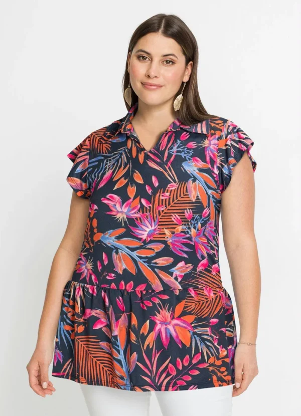 Camisa Estampada Azul de Manga Curta