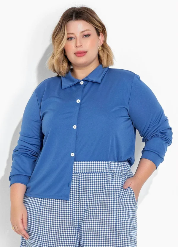Camisa Social Azul Feminina com Botões