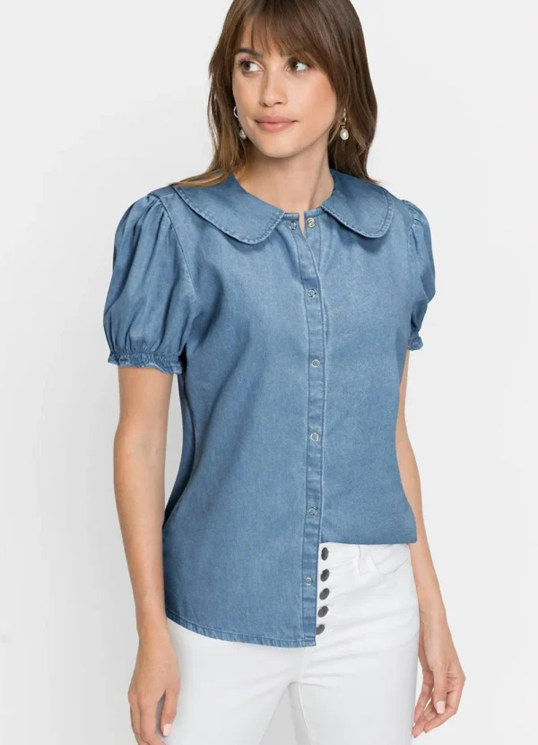 Camisa Jeans Feminina com Gola