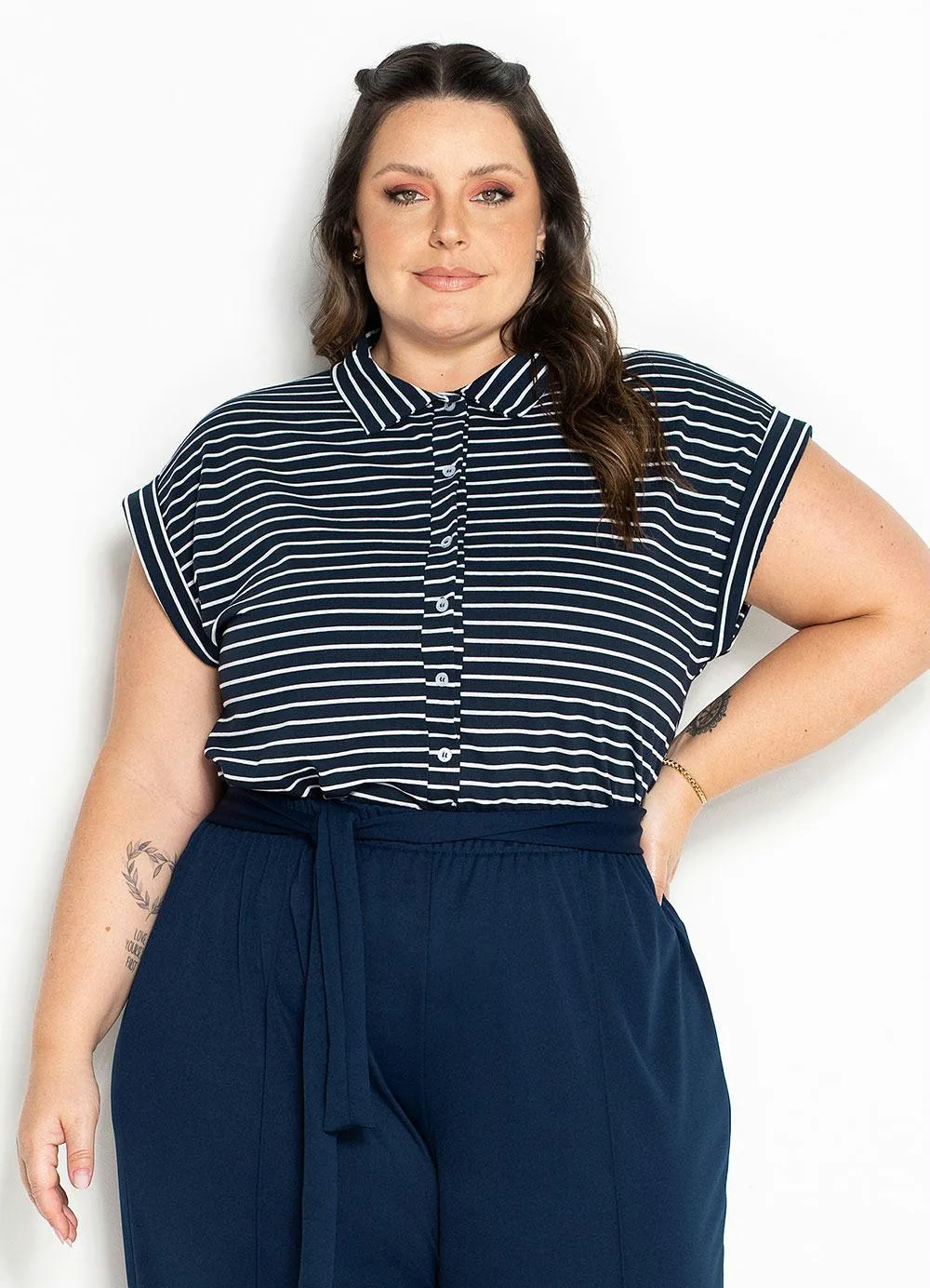 Camisa Listrada Feminina Plus Size