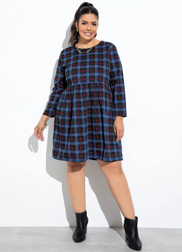 Comprar Vestido Xadrez Azul Mangas 3/4