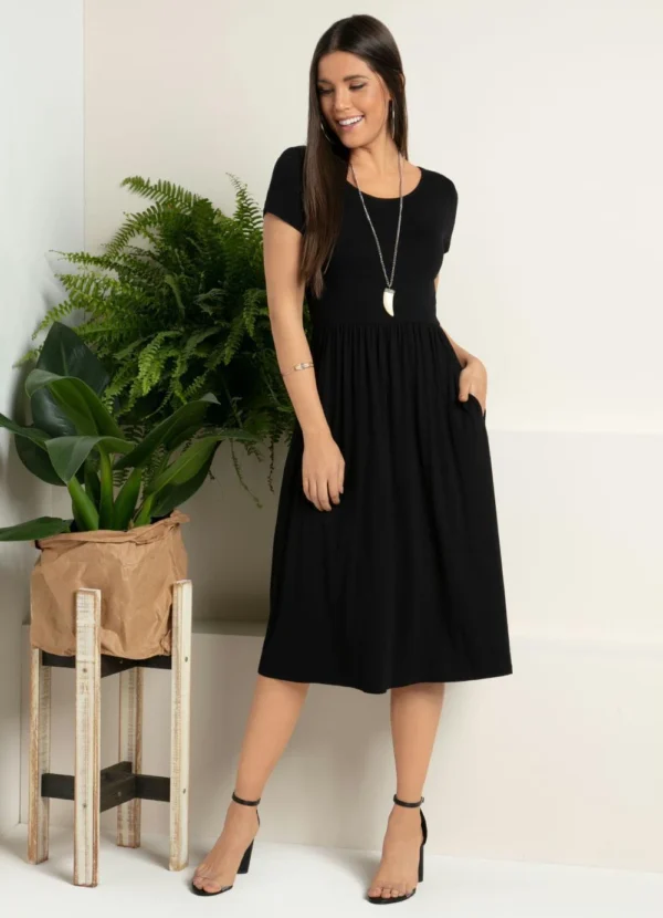 Vestido Midi Preto Acinturado