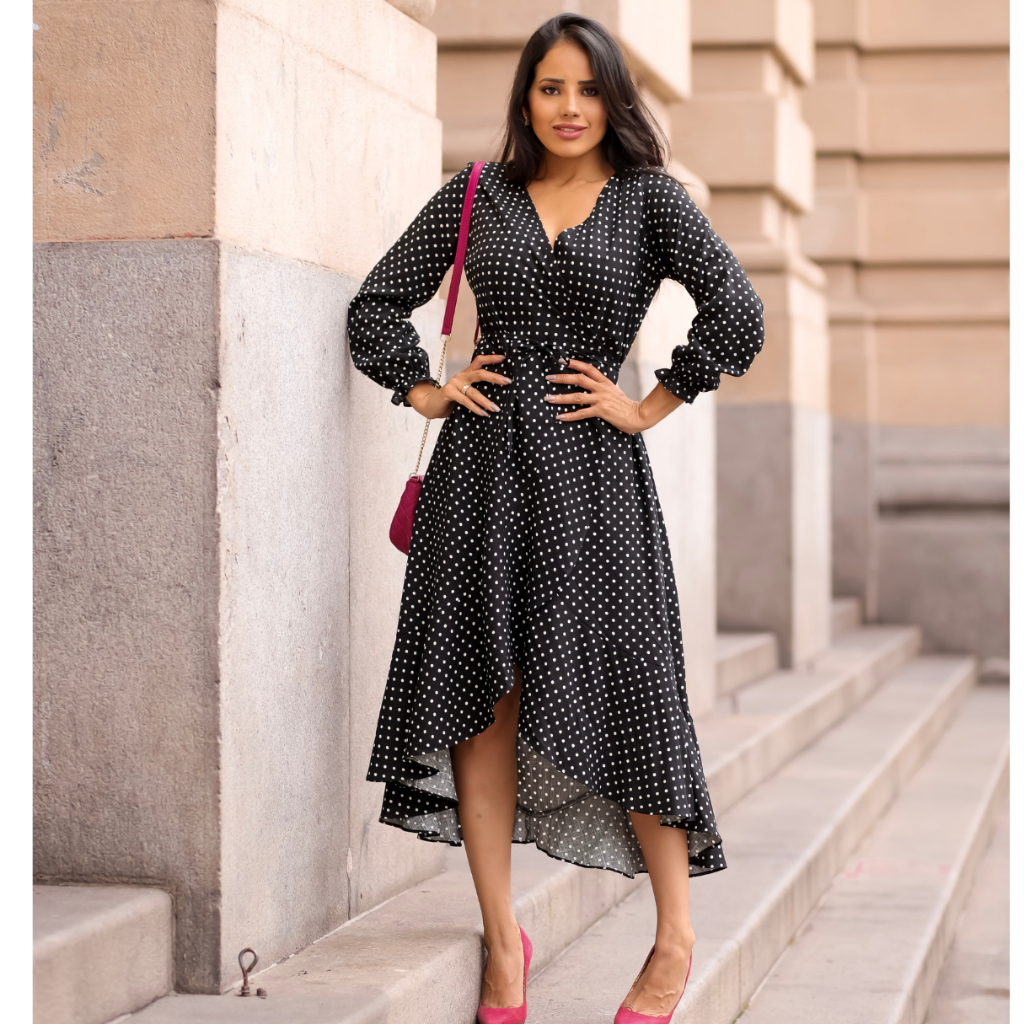 Vestido Manga Longa Poá Transpassado