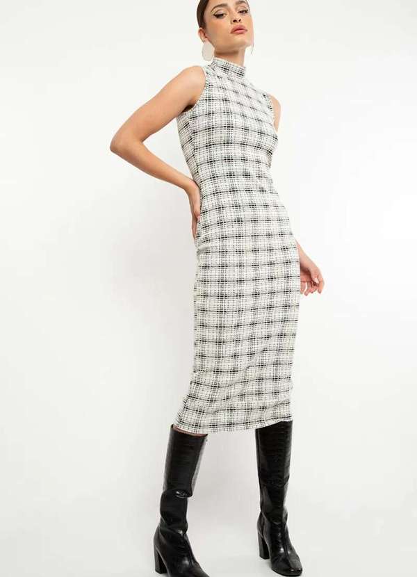 Vestido Mídi Regata Malha Jacquard Padronagem Xadrez - Preto