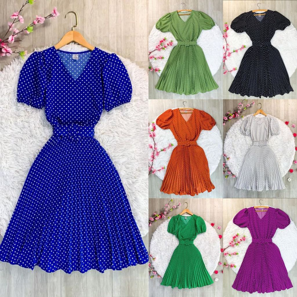 Vestido Plissado Poá Midi