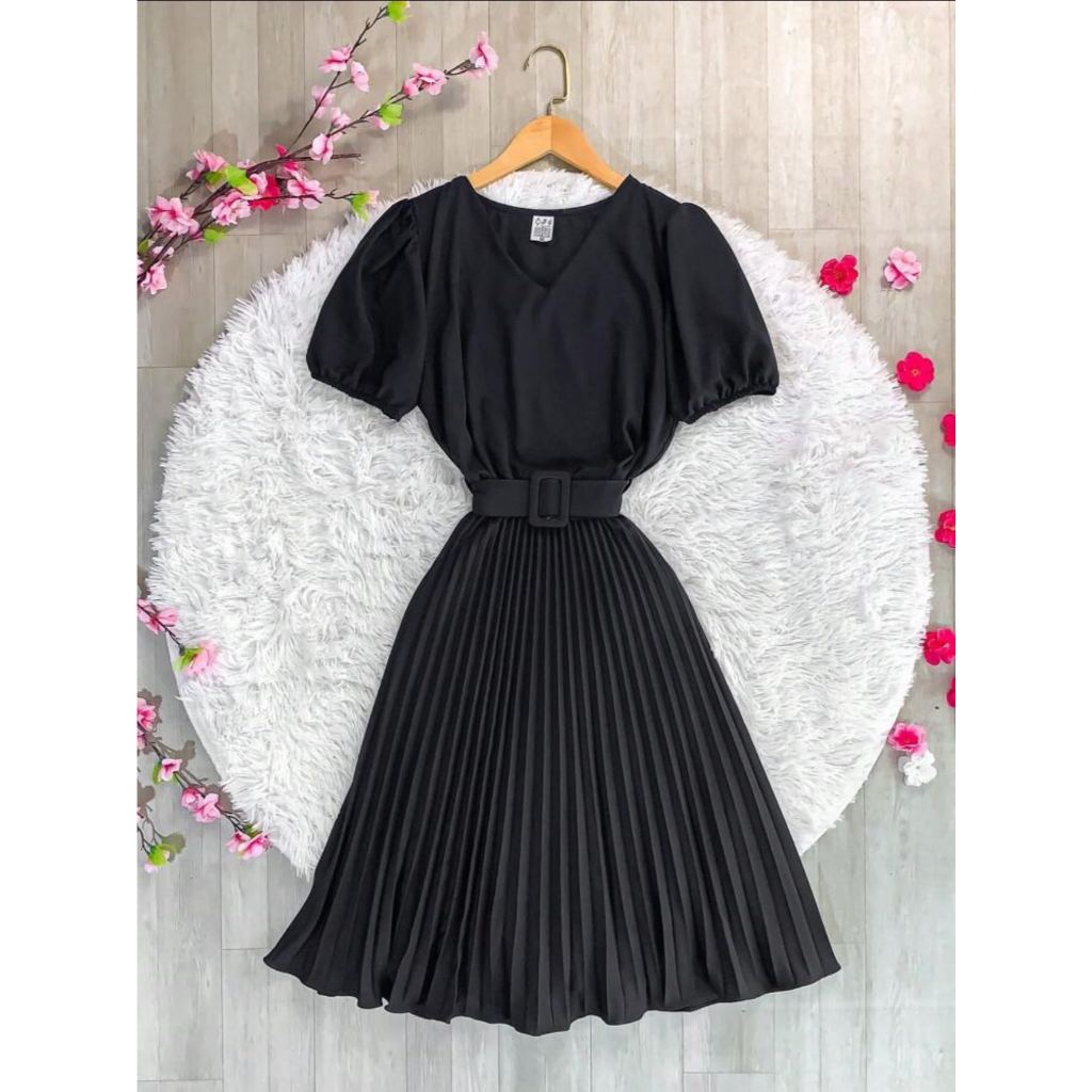 Vestido Plissado Preto Midi Rodado