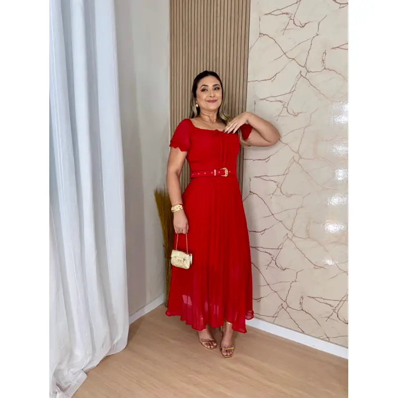 Vestido Vermelho Social Plissado