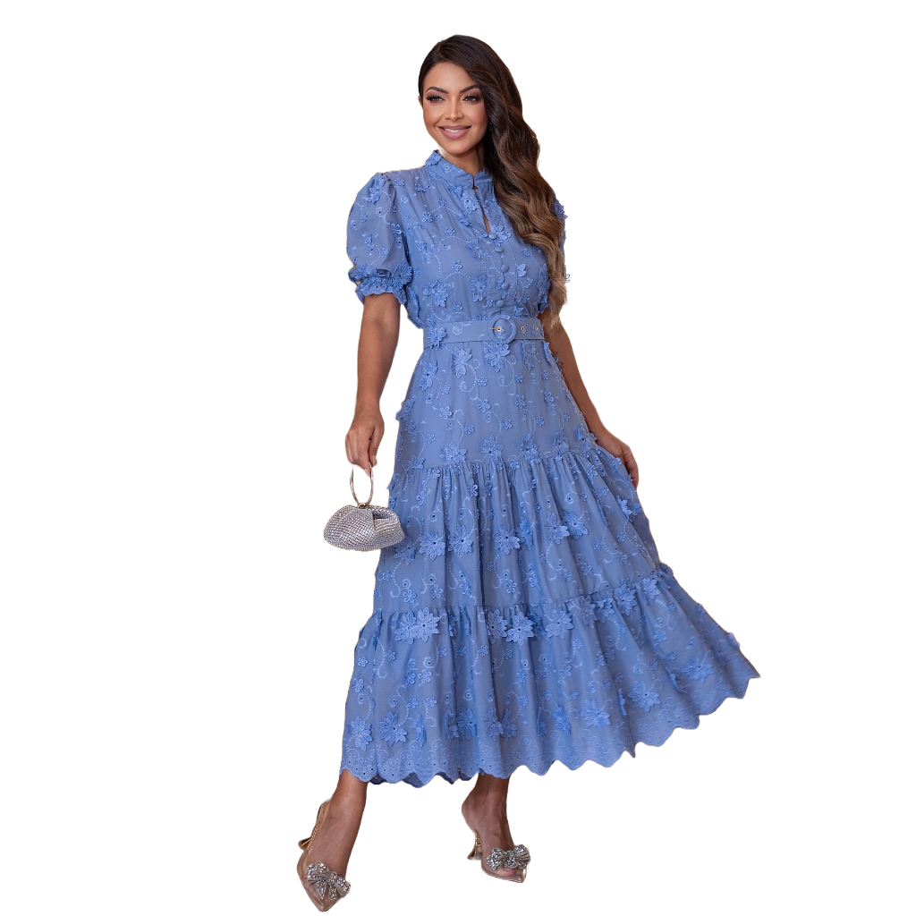 Vestido Midi Cinto Luxo Renda