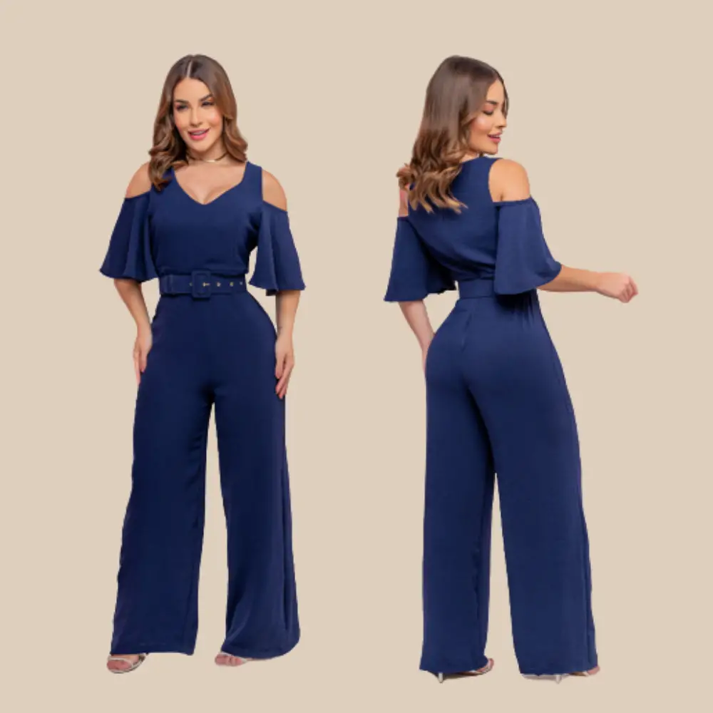 Macacão Feminino Pantalona Manga Vazada