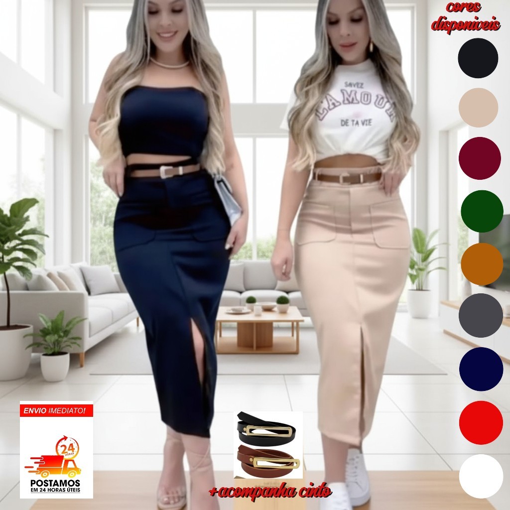 Saia Midi Alfaiataria com Bolso