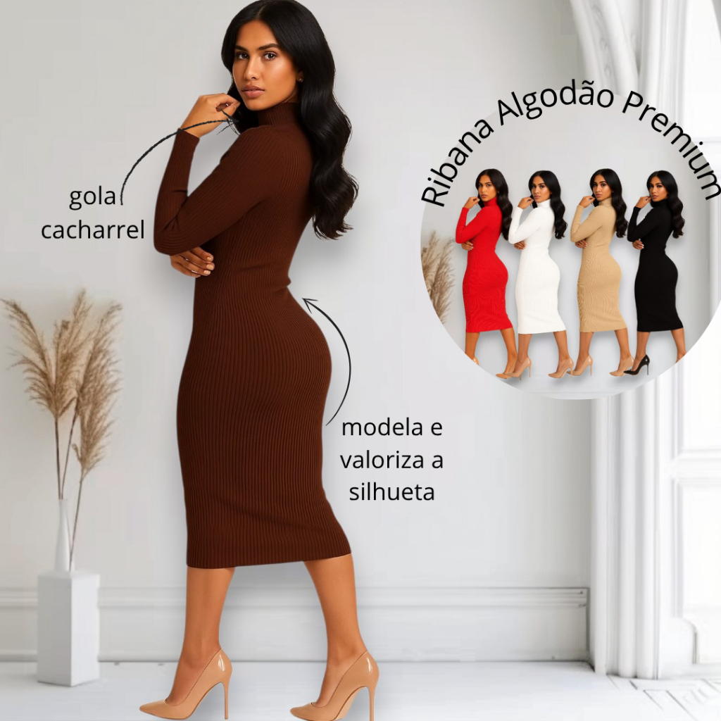 Vestido Canelado Manga Longa