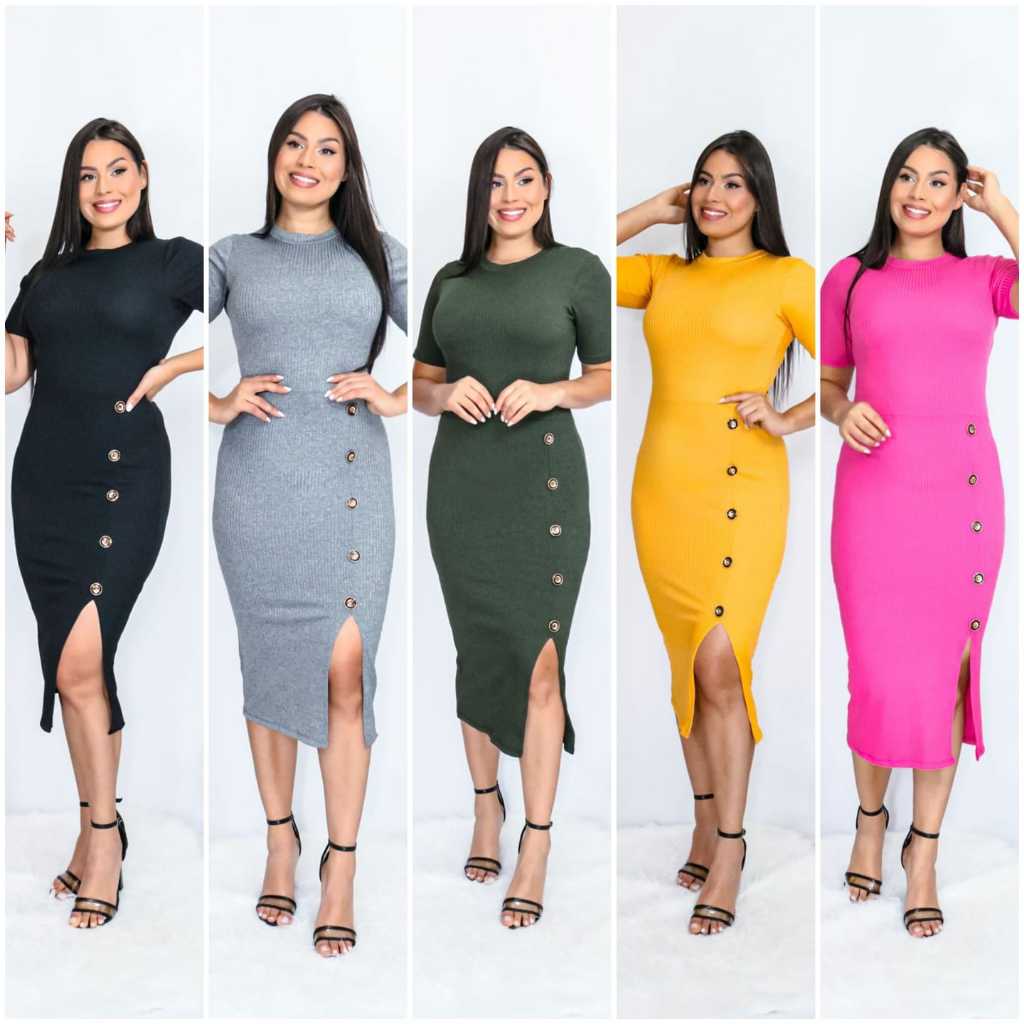 Vestido Canelado com Botão