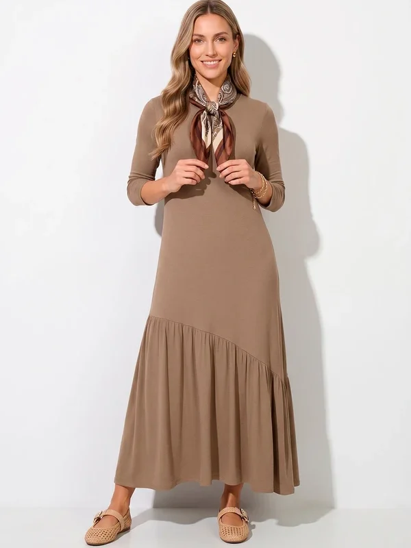 Vestido Bege em Malha de Viscose