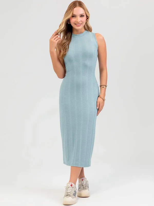 Vestido Midi em Canelado Azul