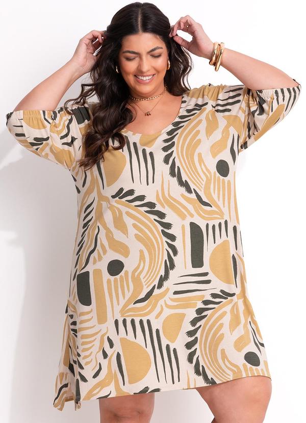 Vestido Abstrato Bege em Malha de Viscose