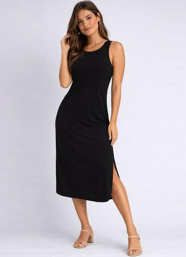 Vestido Feminino Regata Midi com Fenda Preto