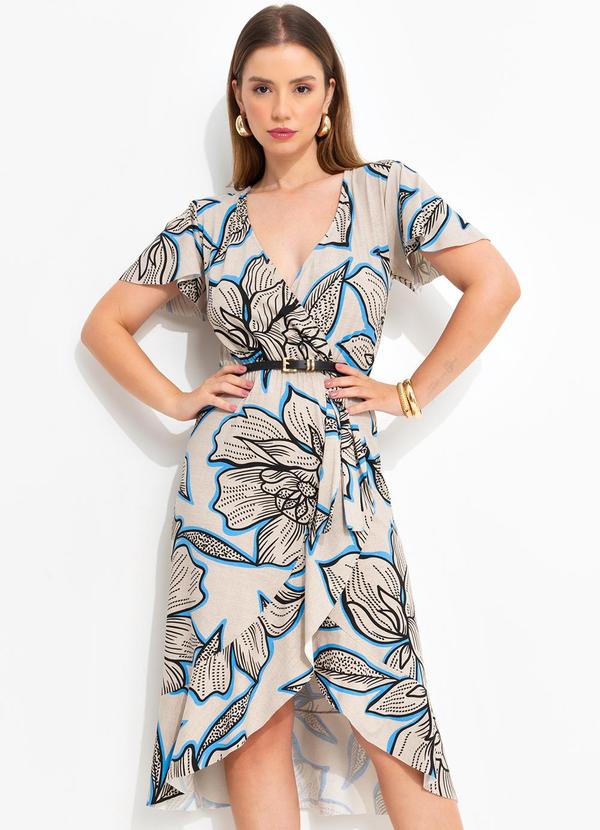 Vestido Floral Bege em Malha de Viscose