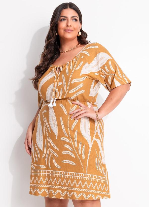 Vestido Folhagem Bege em Malha de Viscose