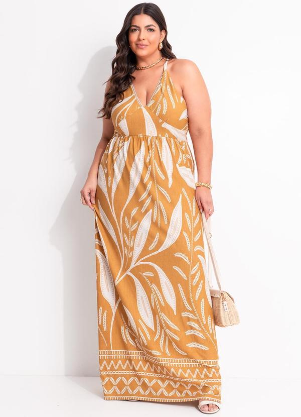 Vestido Folhagem Bege em Malha de Viscose