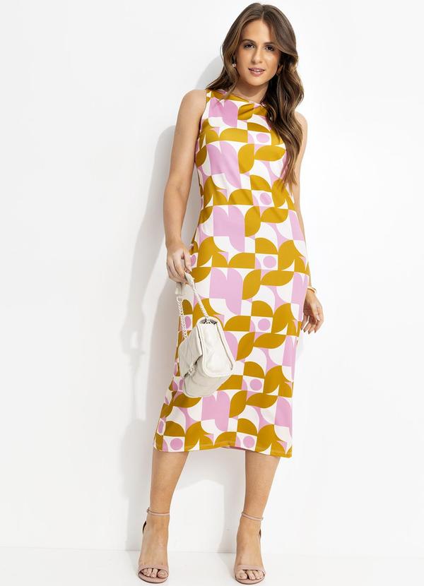 Vestido Midi Regata em Malha Fria com Estampa Geométrica Retrô