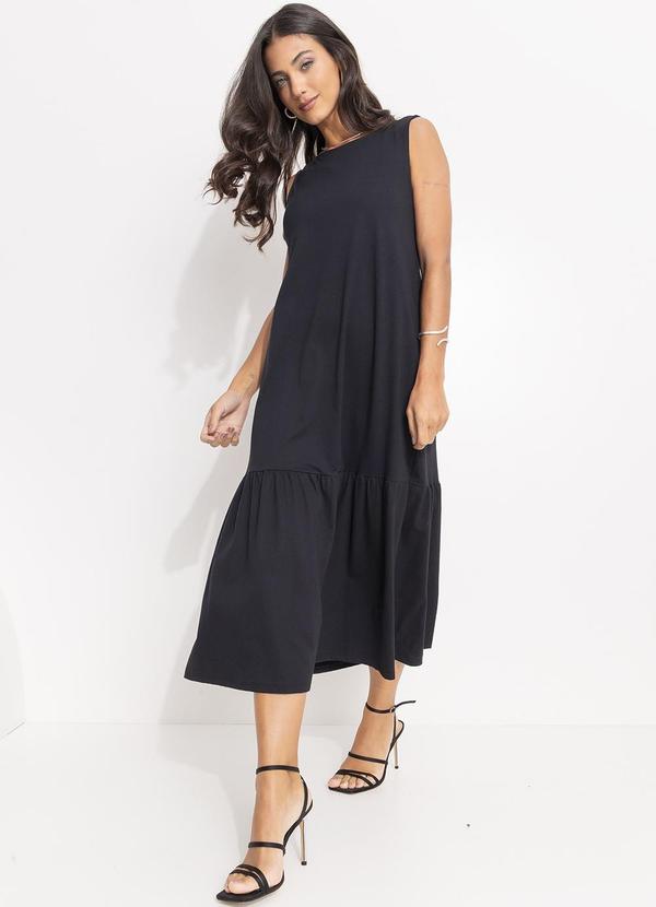 Vestido Preto em Malha de Algodão Penteado