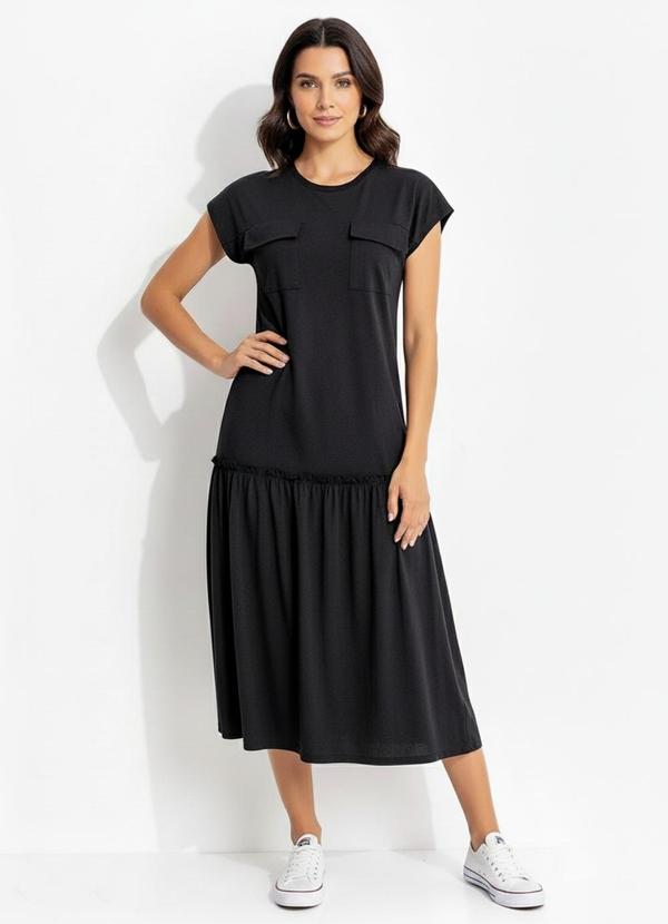 Vestido Preto em Malha de Algodão Penteado