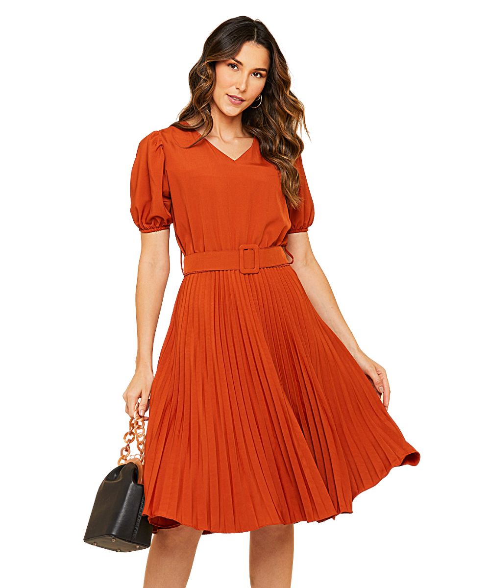 Vestido Plissado Midi Laranja