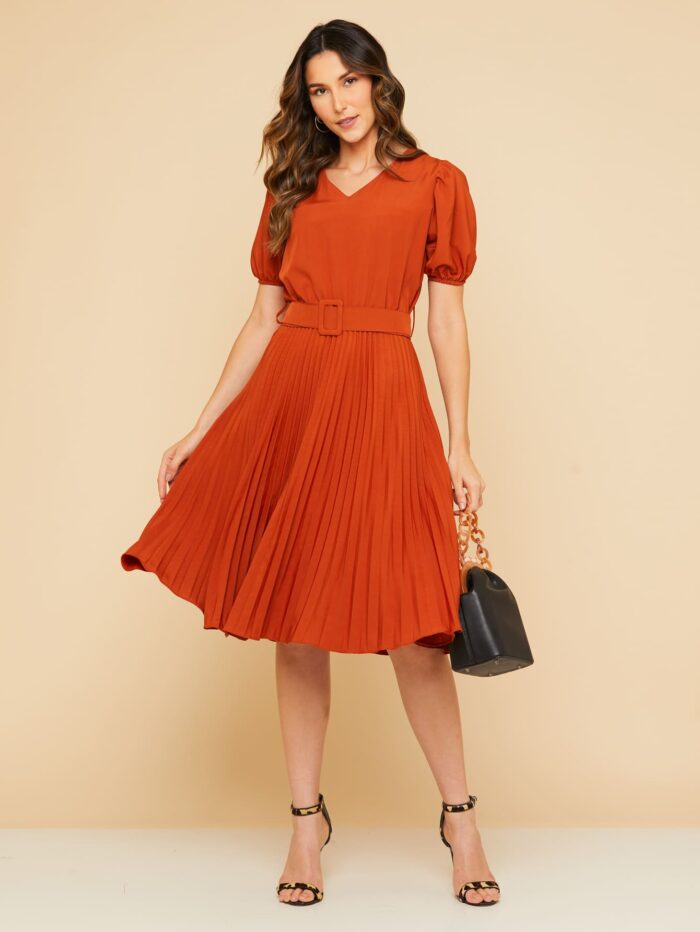 Vestido Plissado Midi Laranja