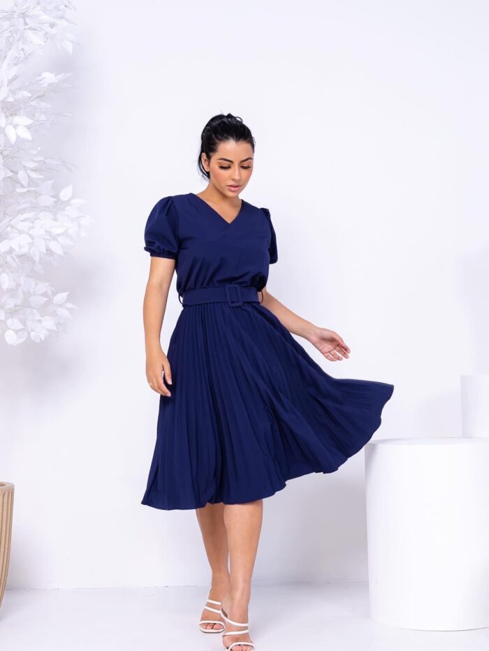 Vestido Plissado Midi Marinho