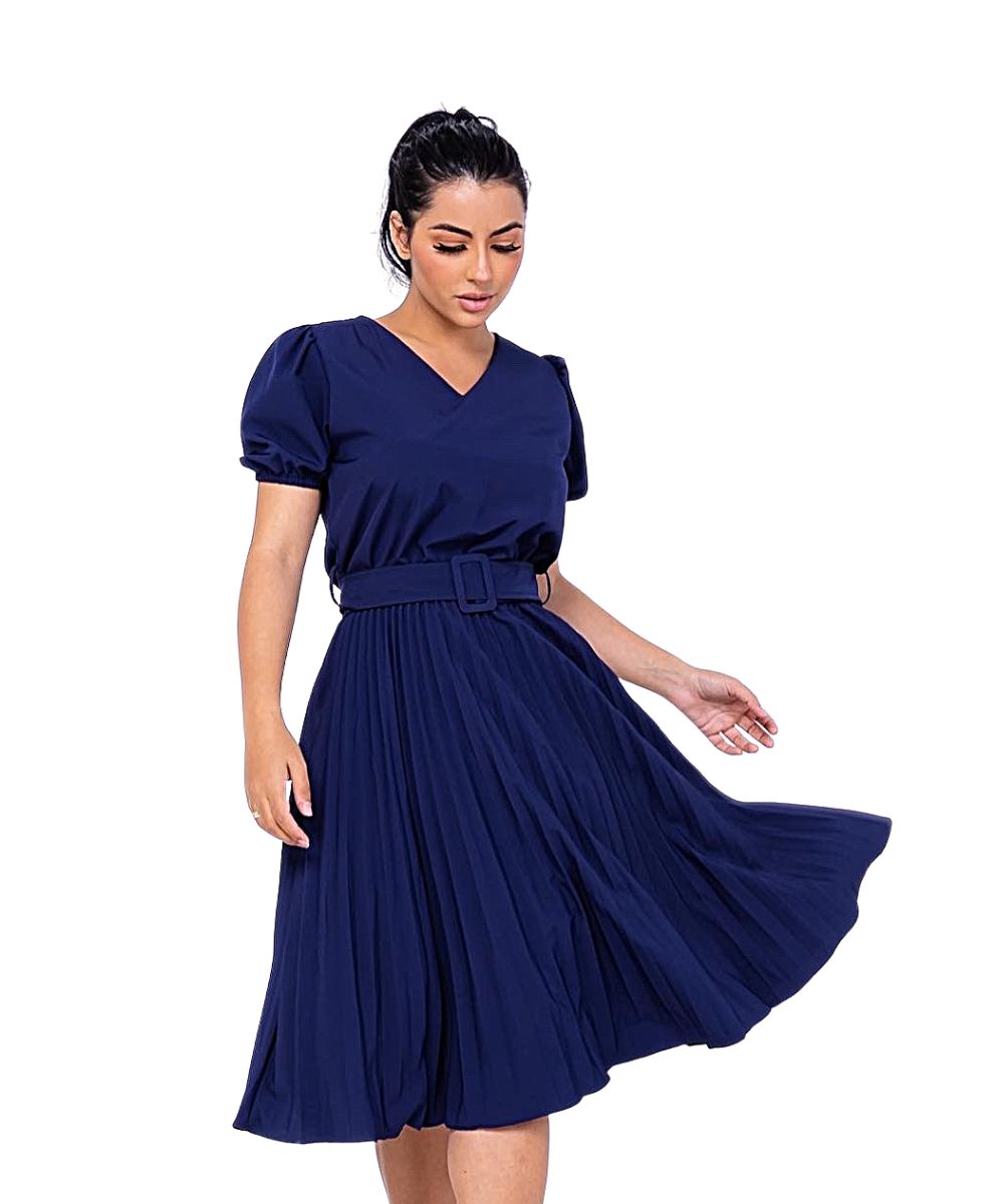 Vestido Plissado Midi Marinho