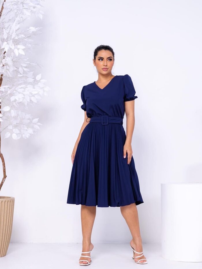 Vestido Plissado Midi Marinho