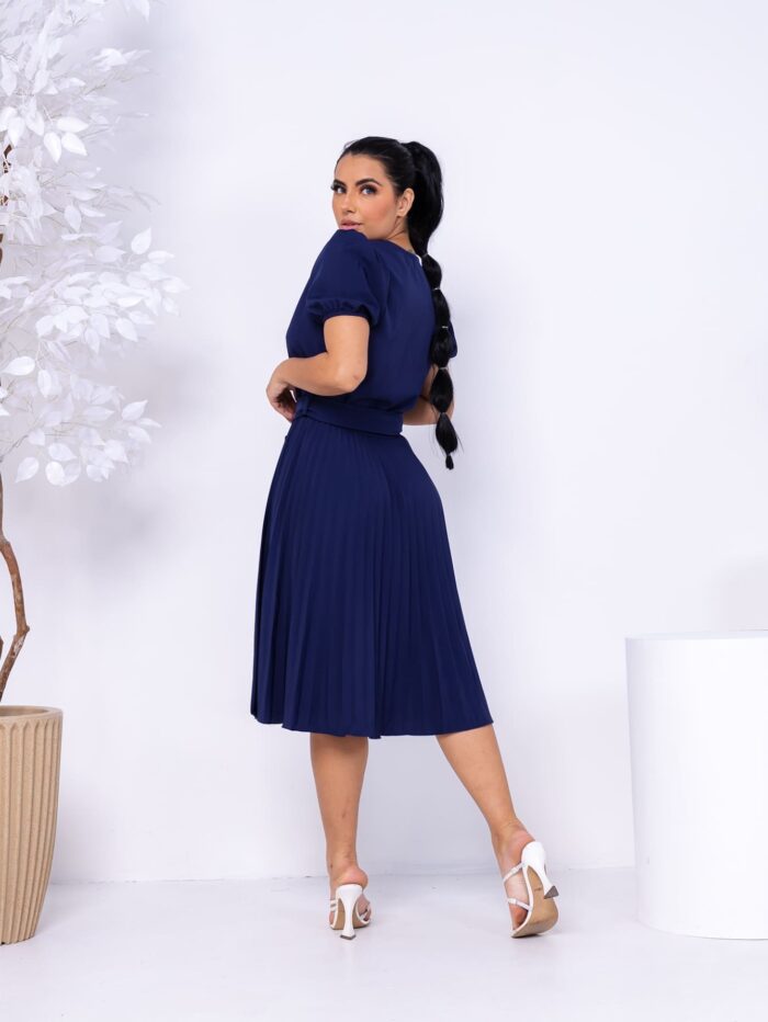 Vestido Plissado Midi Marinho