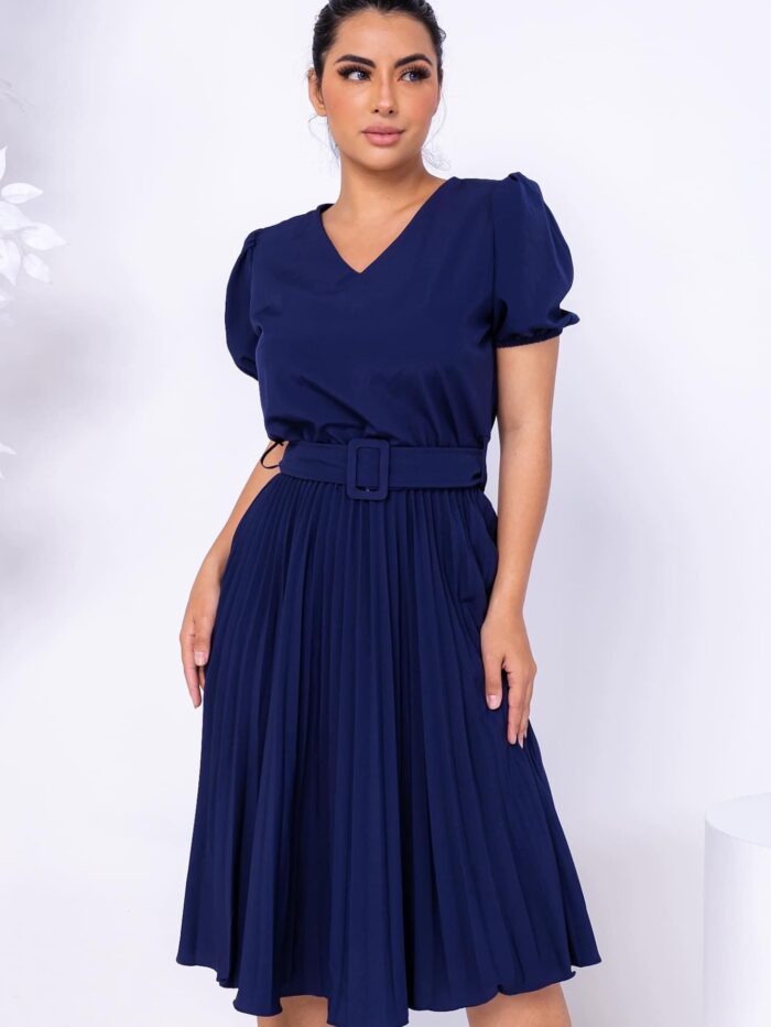 Vestido Plissado Midi Marinho