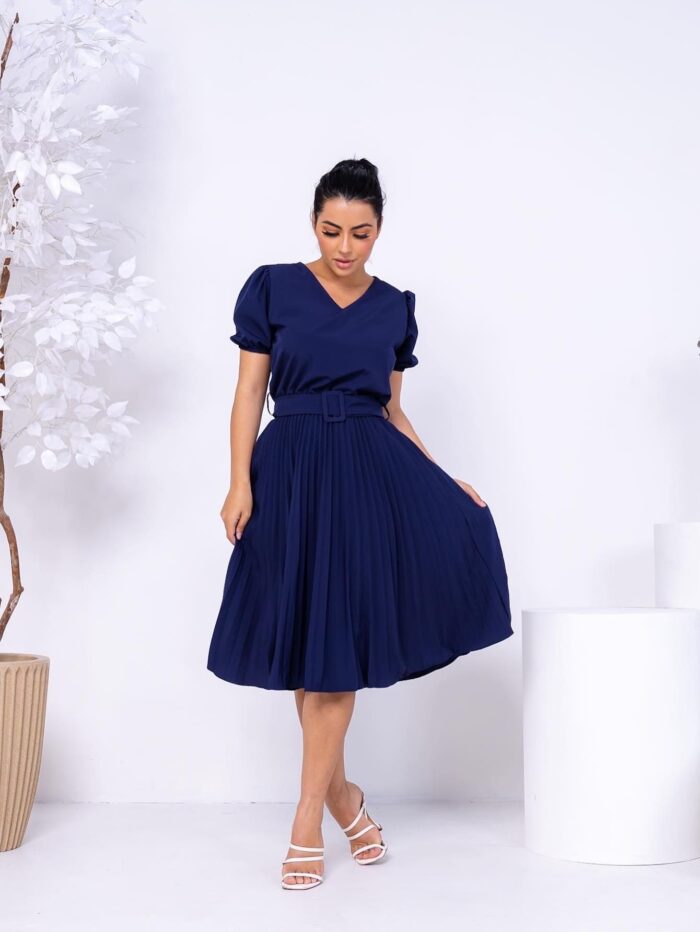 Vestido Plissado Midi Marinho