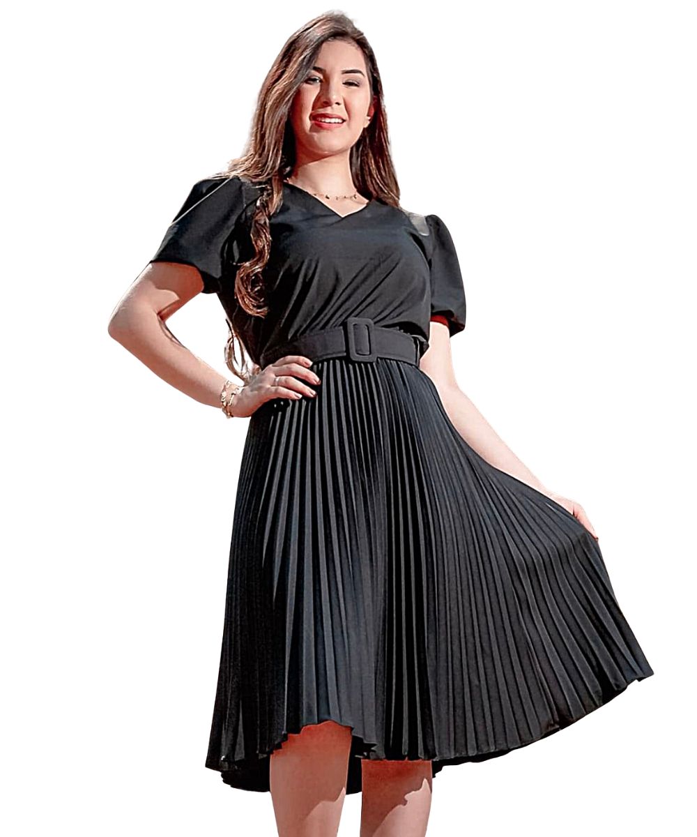 Vestido Plissado Midi Preto
