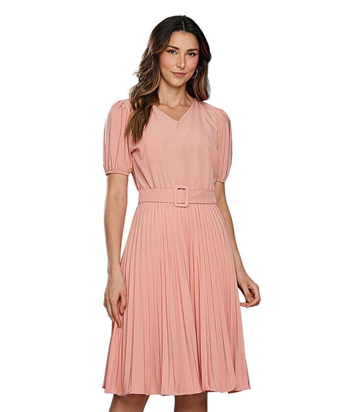 Vestido Plissado Midi Rosa