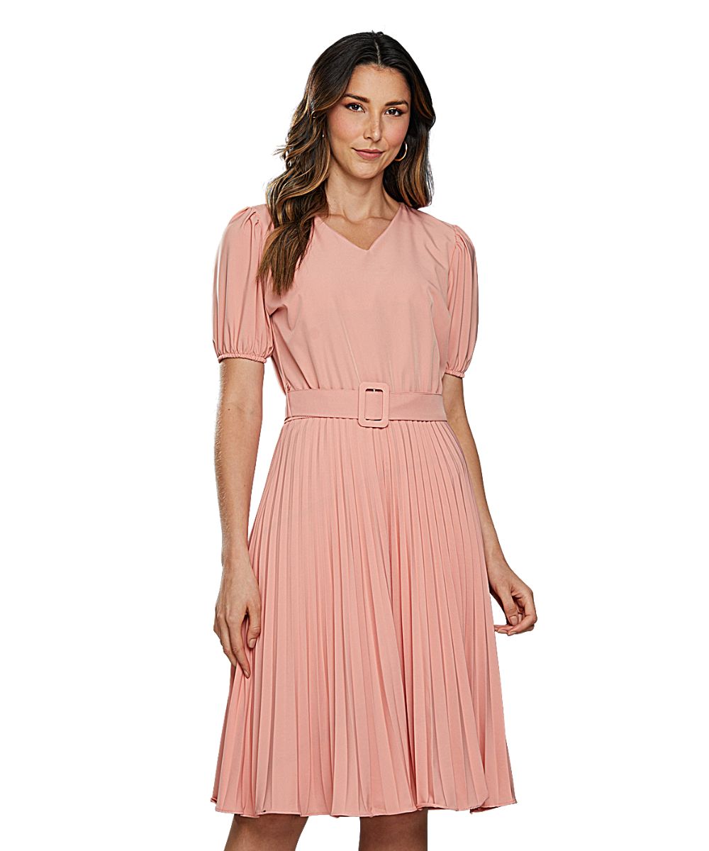 Vestido Plissado Midi Rosa
