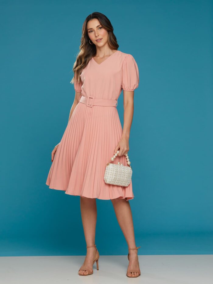 Vestido Plissado Midi Rosa